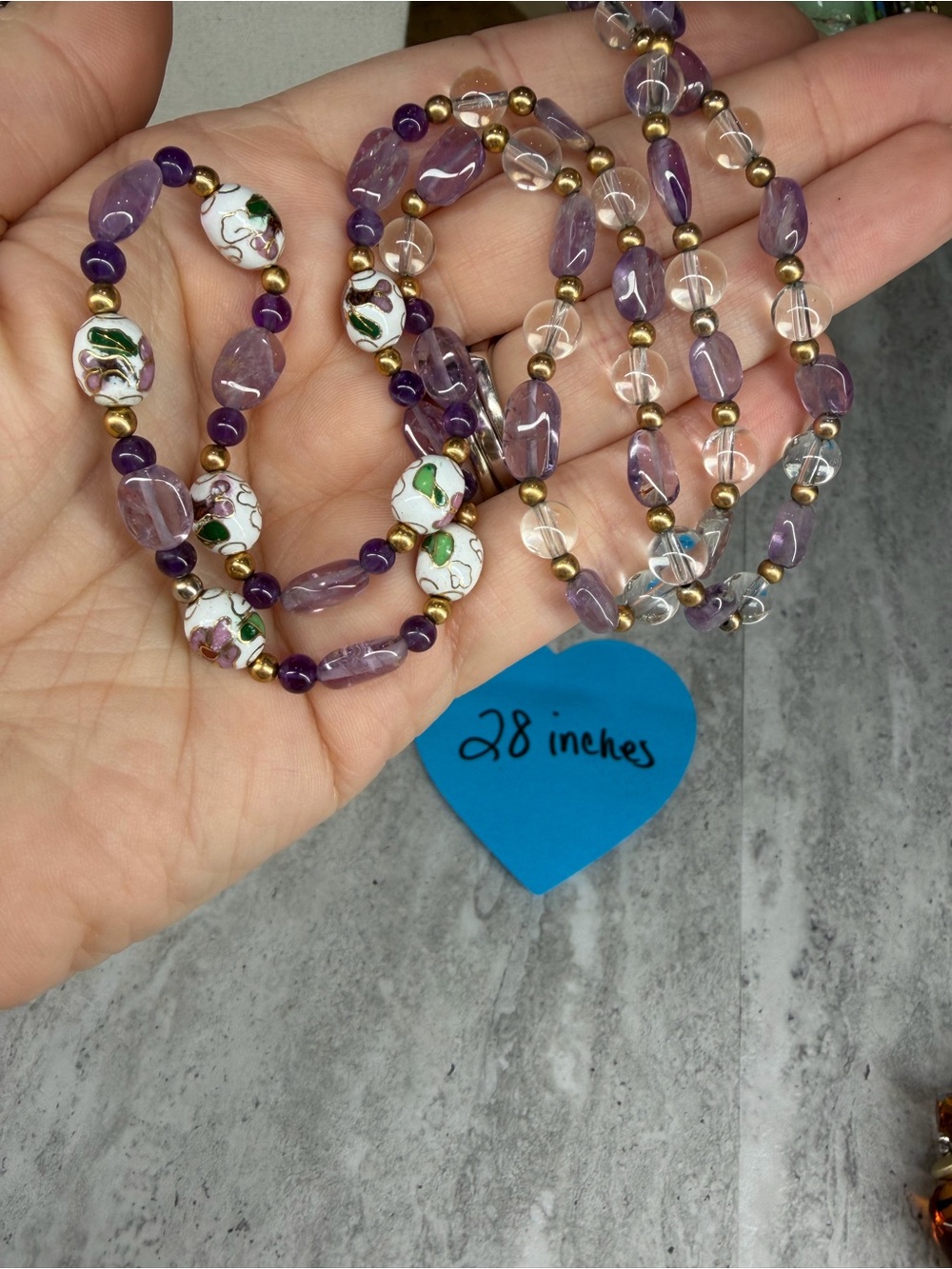 Glass Cloisonné Beaded Necklace Purple Floral Jewelry 28” Strand - Picture 2 of 3